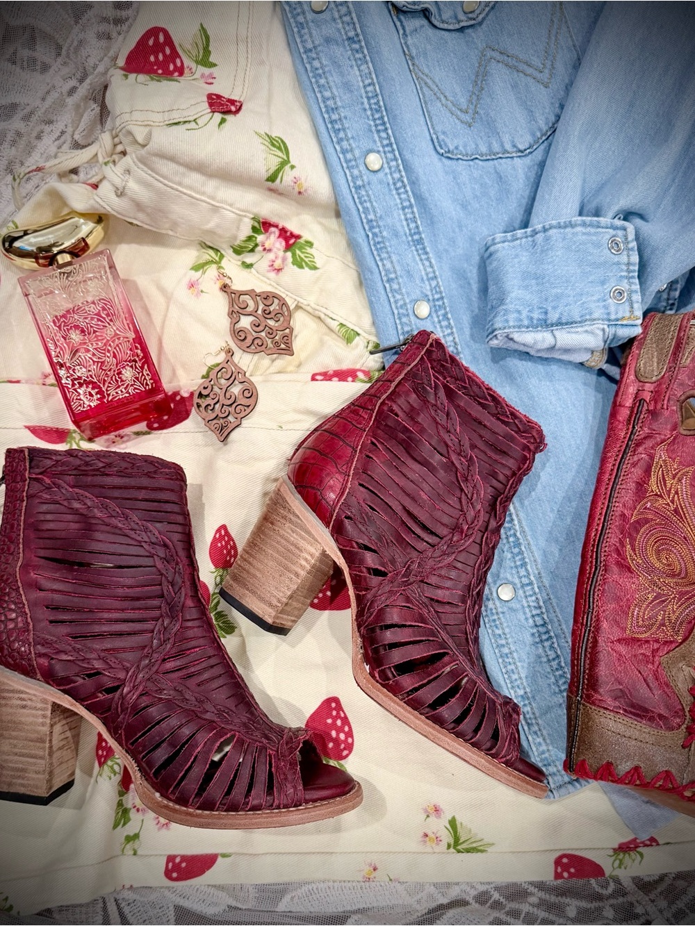 Freebird by Steven Bela Wine Open-Toe Ankle Boots